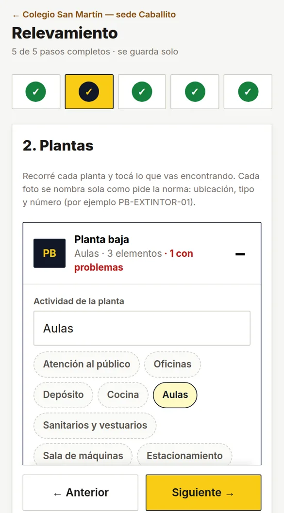 Relevamiento en el celular: planta baja con su actividad y los elementos cargados